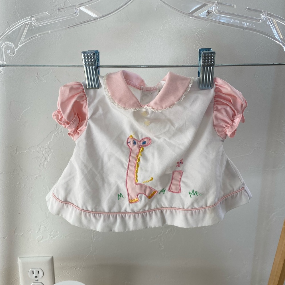 Vintage Tiny Tots Original Pink White Cloth baby Dress with Giraffe Embroidery